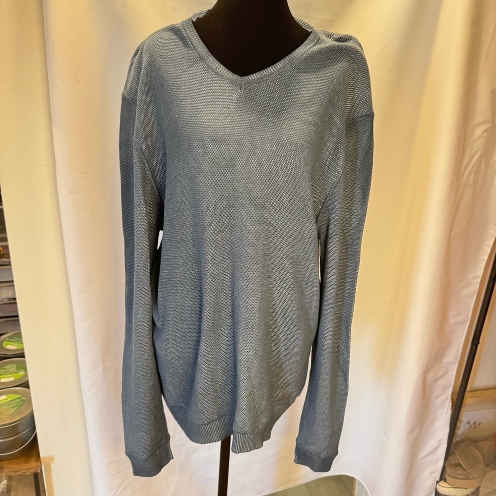 Tommy Bahama Men’s Silk/Cotton Blend V-neck Sweater, Blue Woven Pattern Sz XL
